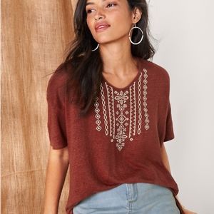 Garnet Hill Organic-Linen Embroidered V-Neck Tee